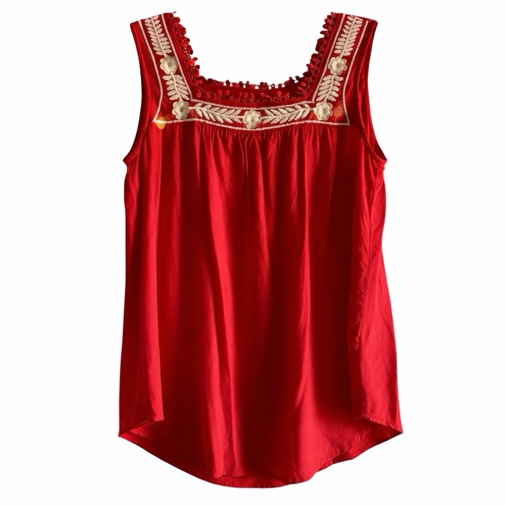 Faith & Zoe Red Embroidered Boho Tank Top Peasant Blouse Small